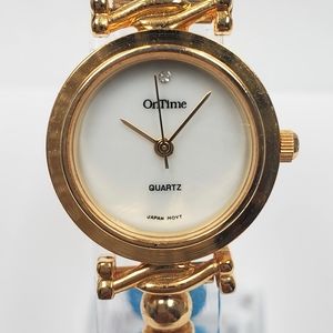 On-Time Quartz Watch Goldtone with Blue stones. NEEDS BATTERY. NEVER WORN.